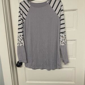 Gray Raglan Long Sleeve Top with Striped & Leopard Sleeves